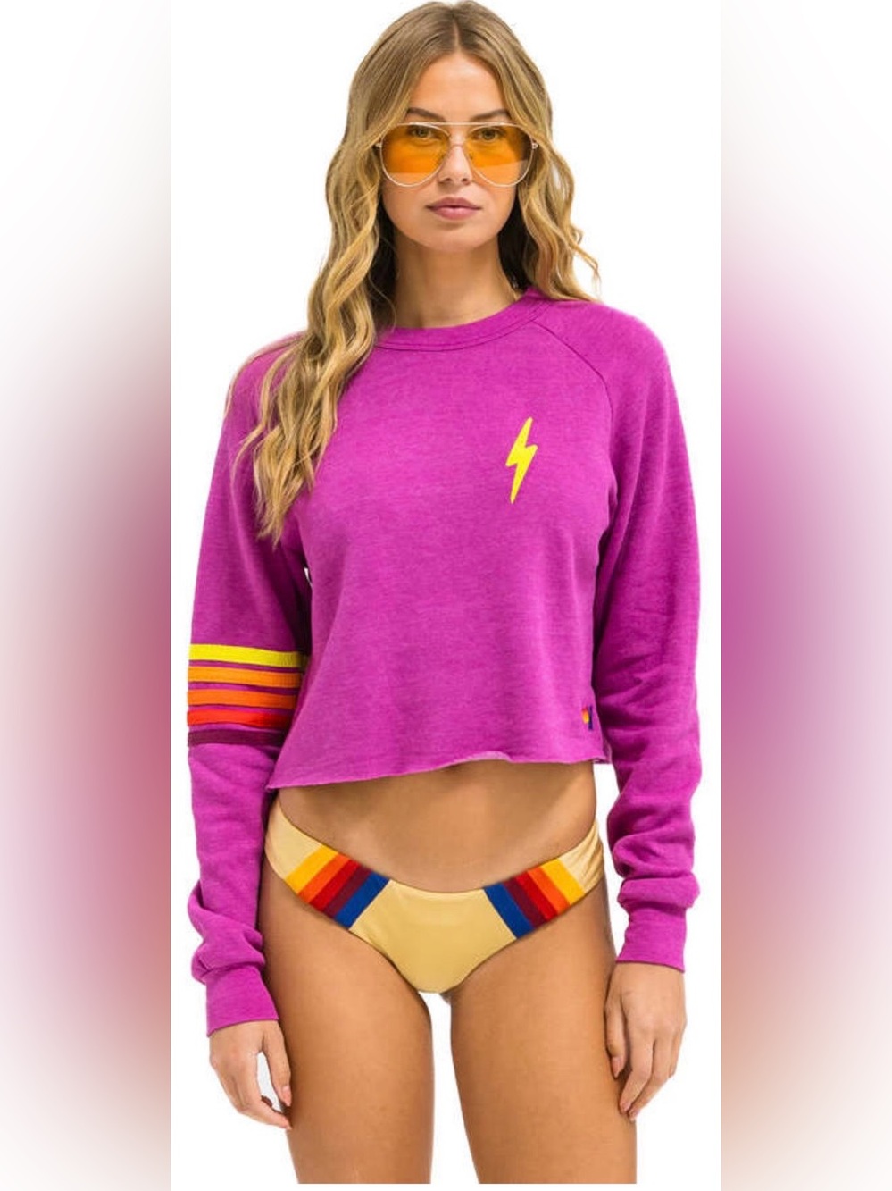 Aviator Nation Bolt Rugby Stitch Crew Sweatshirt Magenta Orange Yellow Size Med